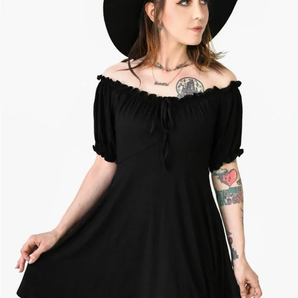 Foxblood Black Gretel Dress Off The Shoulder with Puff Sleeves size XL - Picture 1 of 5